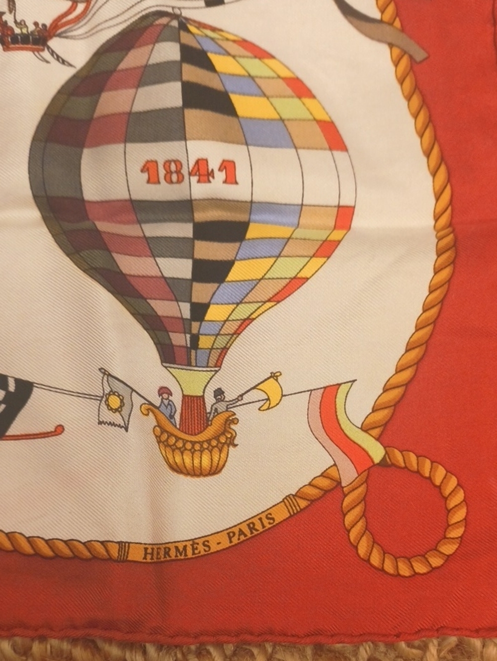 Hermes Multicolor Balloon and Nautical Print Silk Scarf with Red Border - Picture 3 of 9